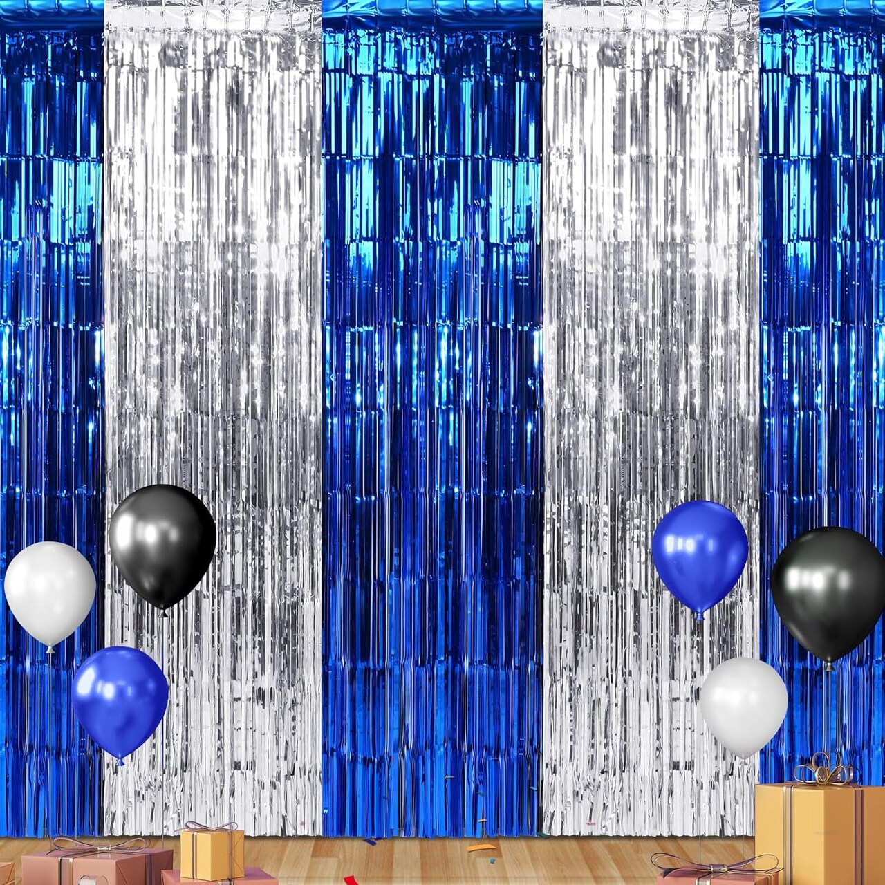 3-Pack Blue & Silver Foil Fringe Curtains 3.3x6.6ft Graduation Party Backdrop Decorations